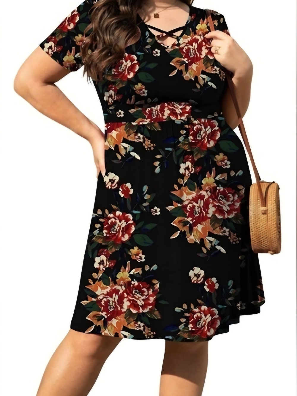 Poseshe Women's Plus Size Summer Short Sleeve V-Neck Stretchy Floral Mini 3X